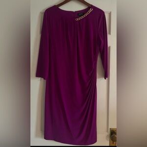 Tahari ASL Fuchsia Purple Long Sleeve Sheath Dress with Gold Chain Accent